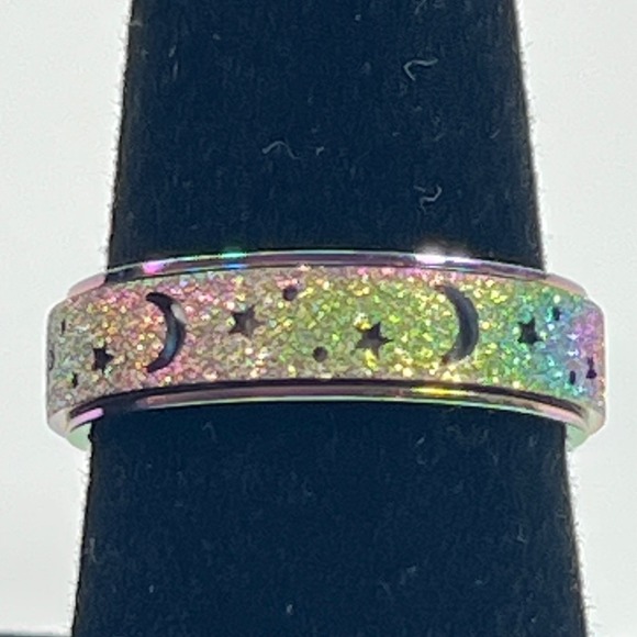 Other - Size 8 Titanium Stainless Steel Rainbow Moon Star Anxiety Fidget Spinner Ring